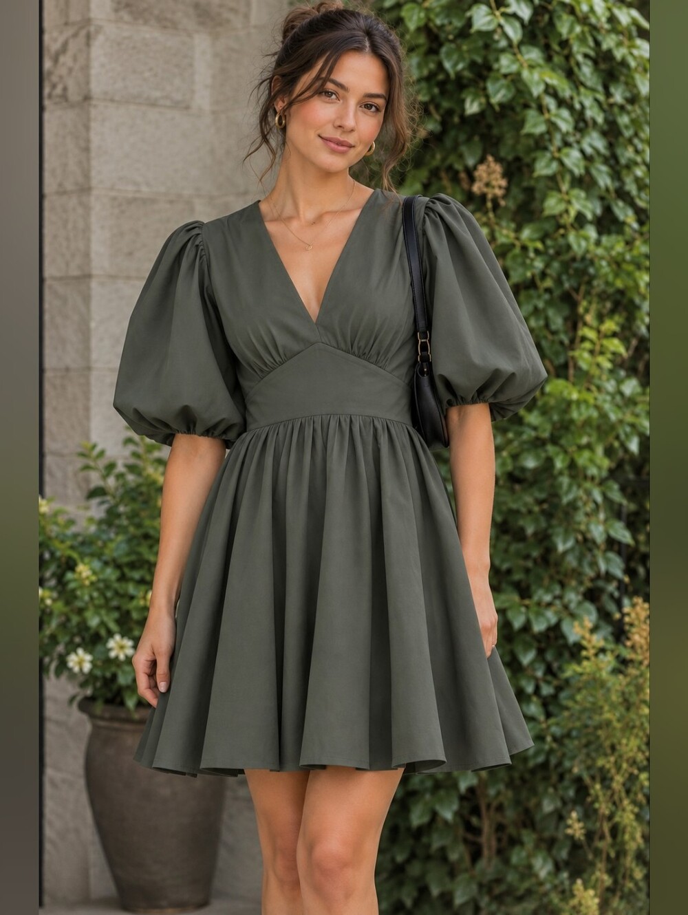 Faux Leather Y2K Olive Green Smooth Puff-Sleeve V-Neck Sz M
